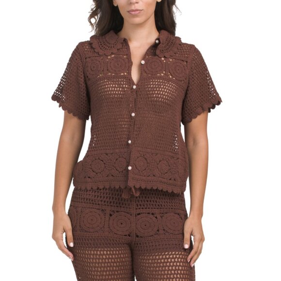 DRA Chocolate Crochet Button Down Top - Picture 1 of 2